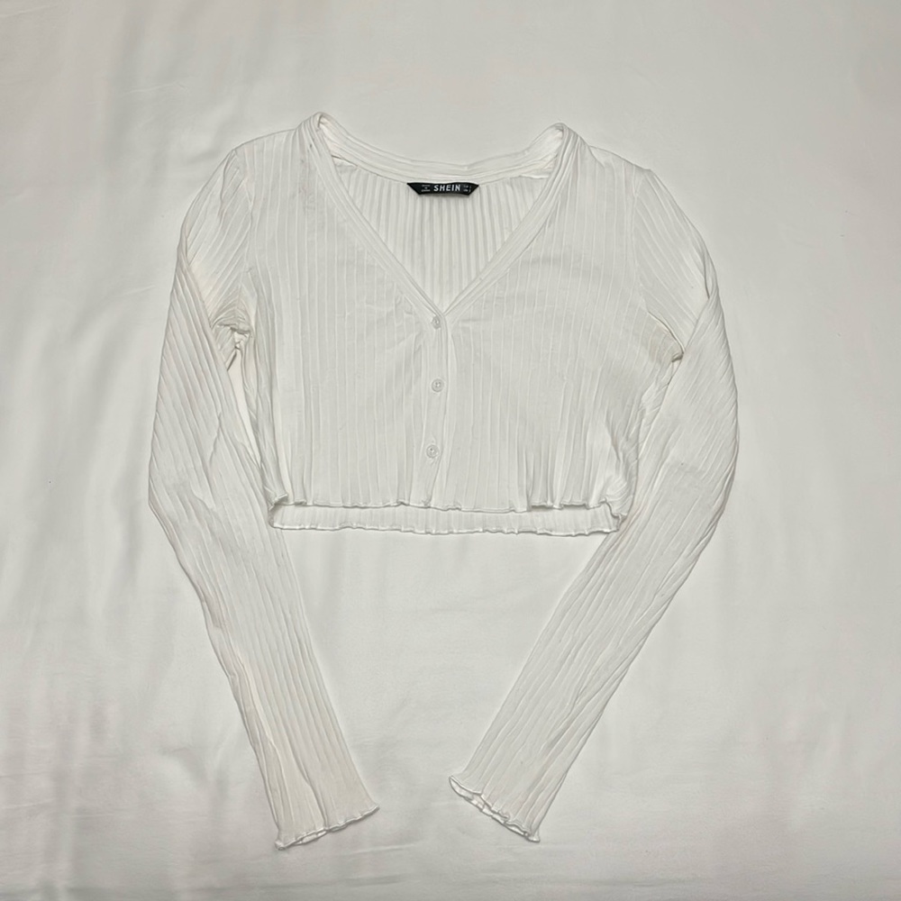 SHEIN White Cropped Long Sleeve Button-Up Top Size S